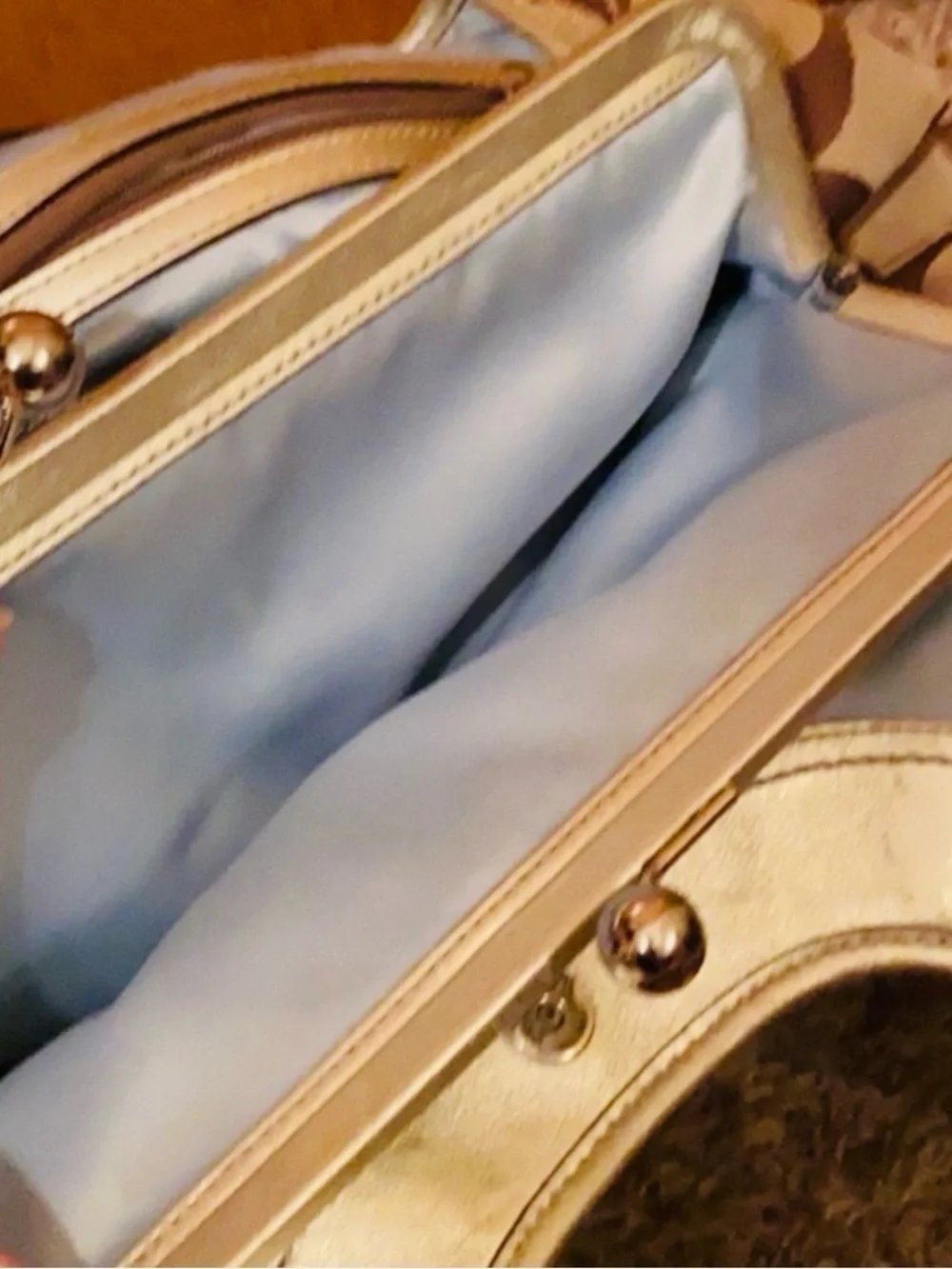 Coach Brown and Cream Signature Logo Tote with Metallic Trim